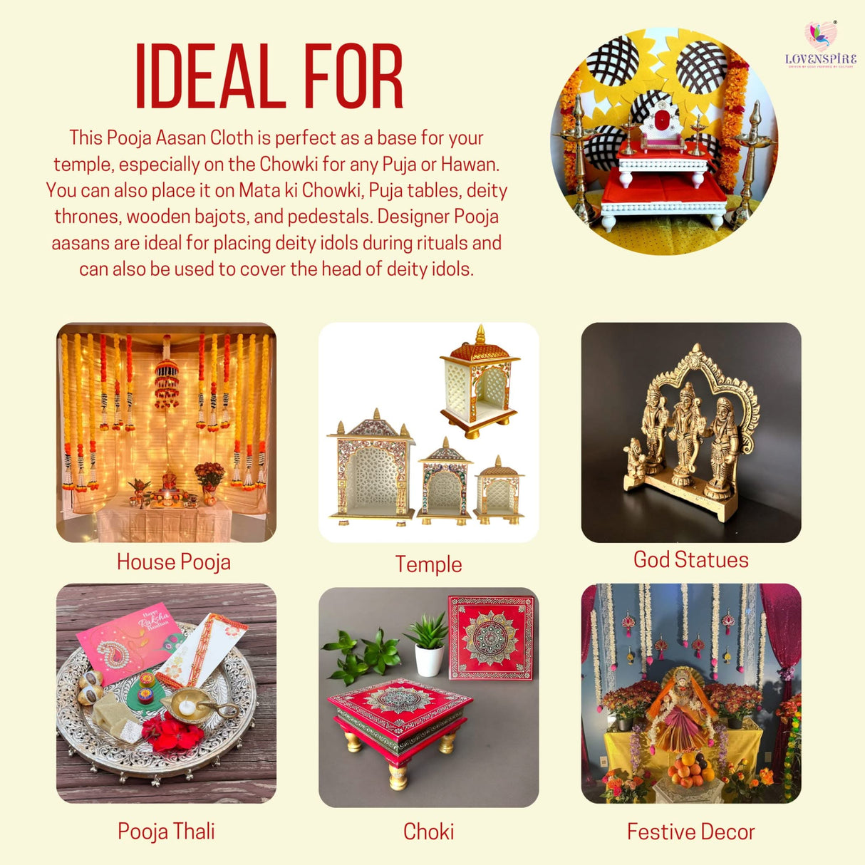 Velvet Pooja Mat Aasan Golden Zari Work Cloth for God Goddess Idol Puja Asan Mandir Temple Home Decor Base Chowki Asana Indian Festival Diwali Decoration Housewarming Gift Mata Ki Chunri - LoveNspire