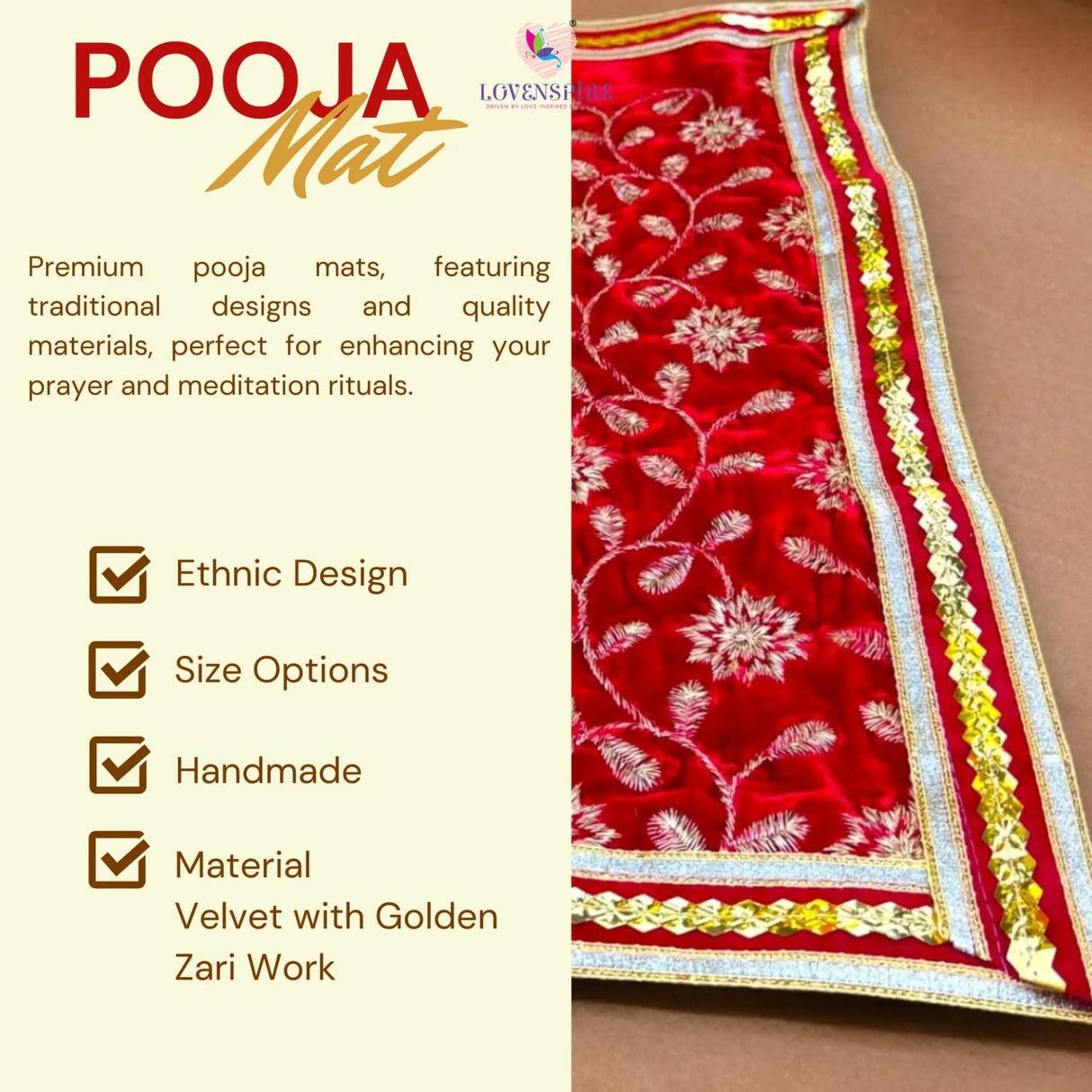 Velvet Pooja Mat Aasan Golden Zari Work Cloth for God Goddess Idol Puja Asan Mandir Temple Home Decor Base Chowki Asana Indian Festival Diwali Decoration Housewarming Gift Mata Ki Chunri - LoveNspire