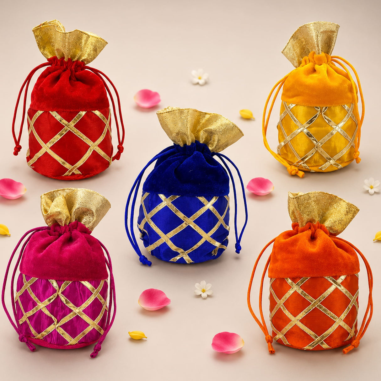 Assorted traditional indian velvet potli bags in red blue pink and orange with gold lattice gota patti work and drawstring closure
