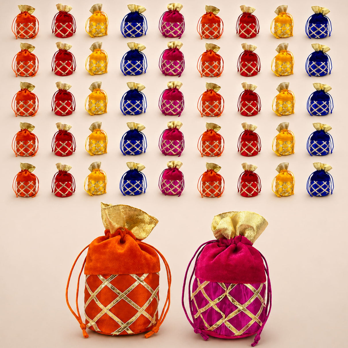 Assorted traditional indian velvet potli bags in orangish red and magenta with gold gota patti lattice embroidery for festive use
