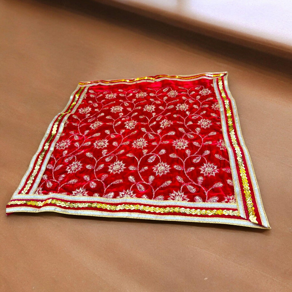 Velvet Pooja Mat Aasan Golden Zari Work Cloth for God Goddess Idol Puja Asan Mandir Temple Home Decor Base Chowki Asana Indian Festival Diwali Decoration Housewarming Gift Mata Ki Chunri - LoveNspire
