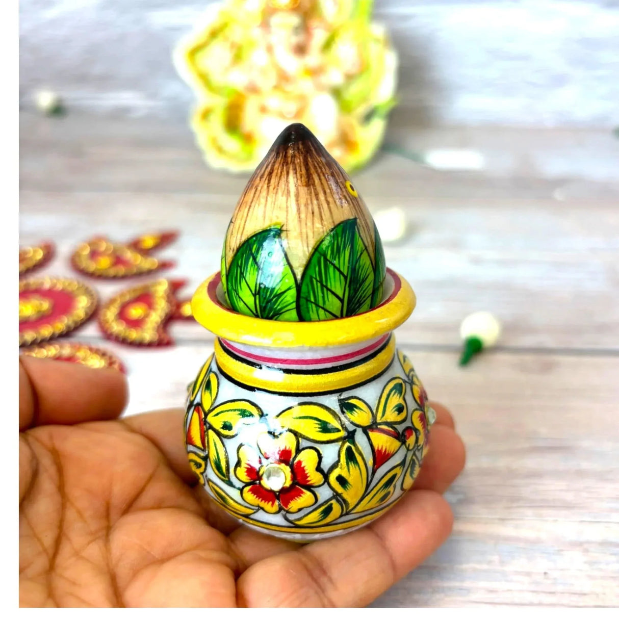 White Marble Kalash Indian Mini Mangal Kalash Decorated Coconut for Wedding Shagun Decorative Nariyal for Wedding Pooja Indian Festival Housewarming Gifts (3 Inches) - LoveNspire