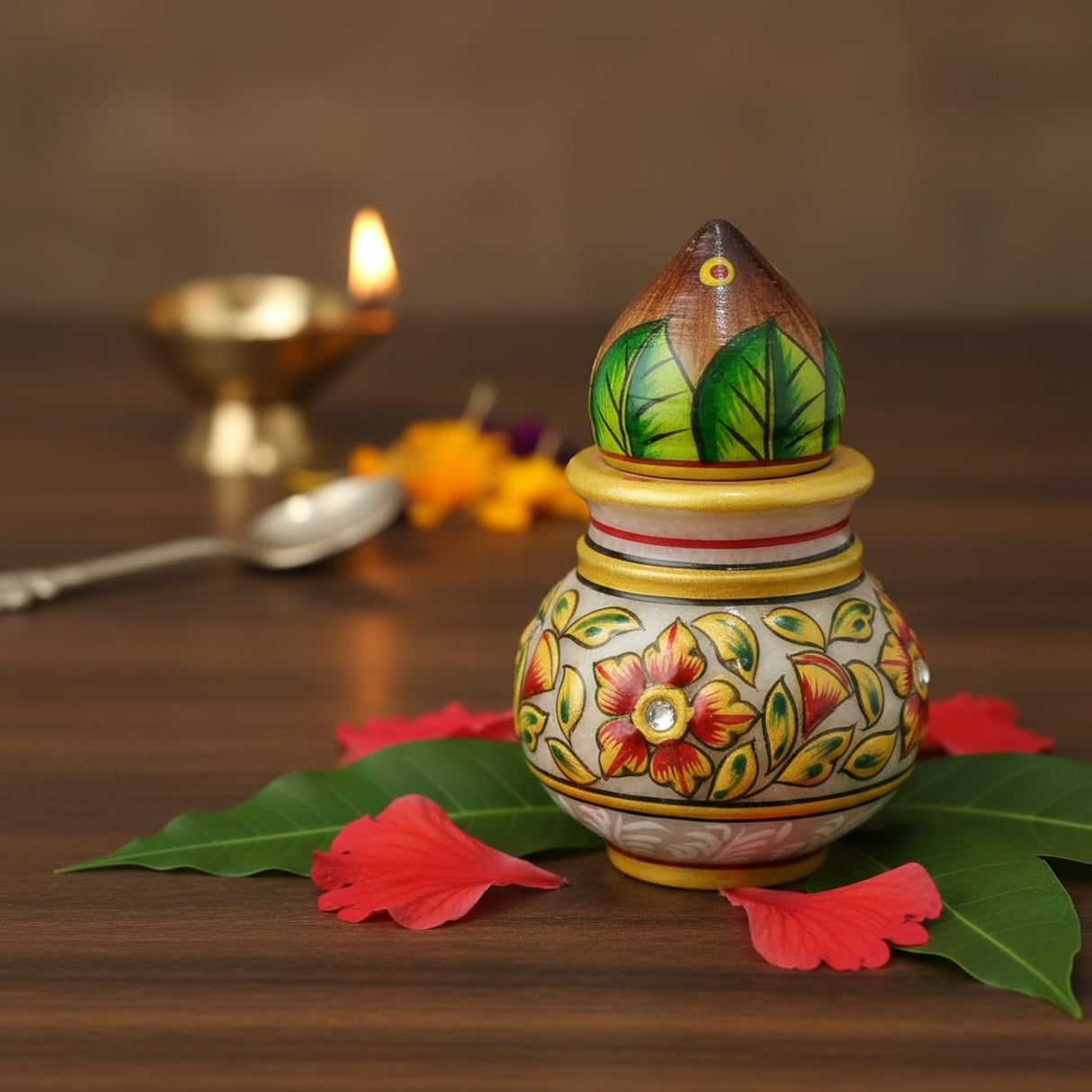 White Marble Mini Mangal Kalash with Floral Ceramic Vase Design