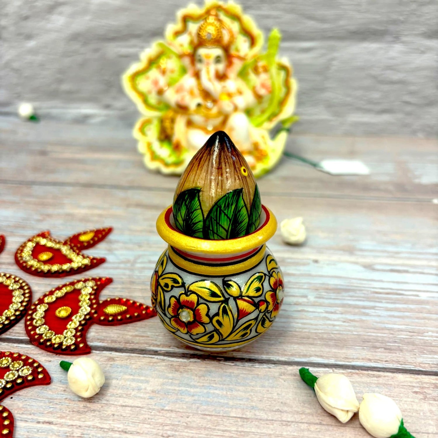 White Marble Kalash Indian Mini Mangal Kalash Decorated Coconut for Wedding Shagun Decorative Nariyal for Wedding Pooja Indian Festival Housewarming Gifts (3 Inches) - LoveNspire