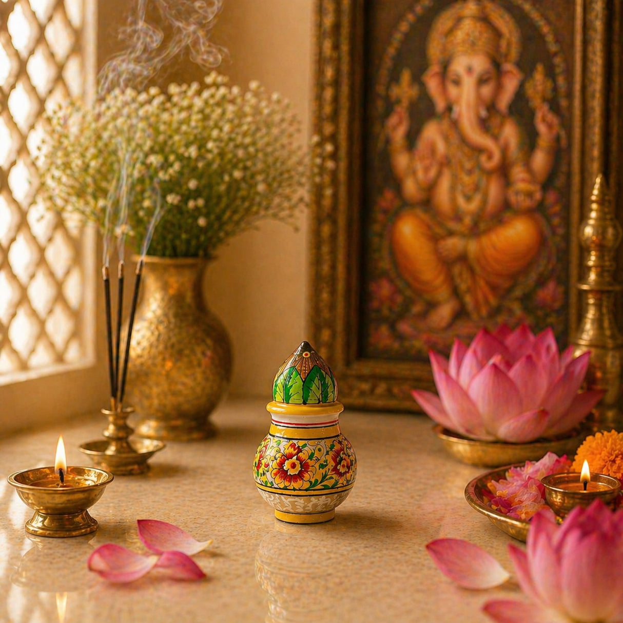 Hand-painted ceramic white marble kalash with vibrant floral patterns and green leaf lid for wedding pooja decor