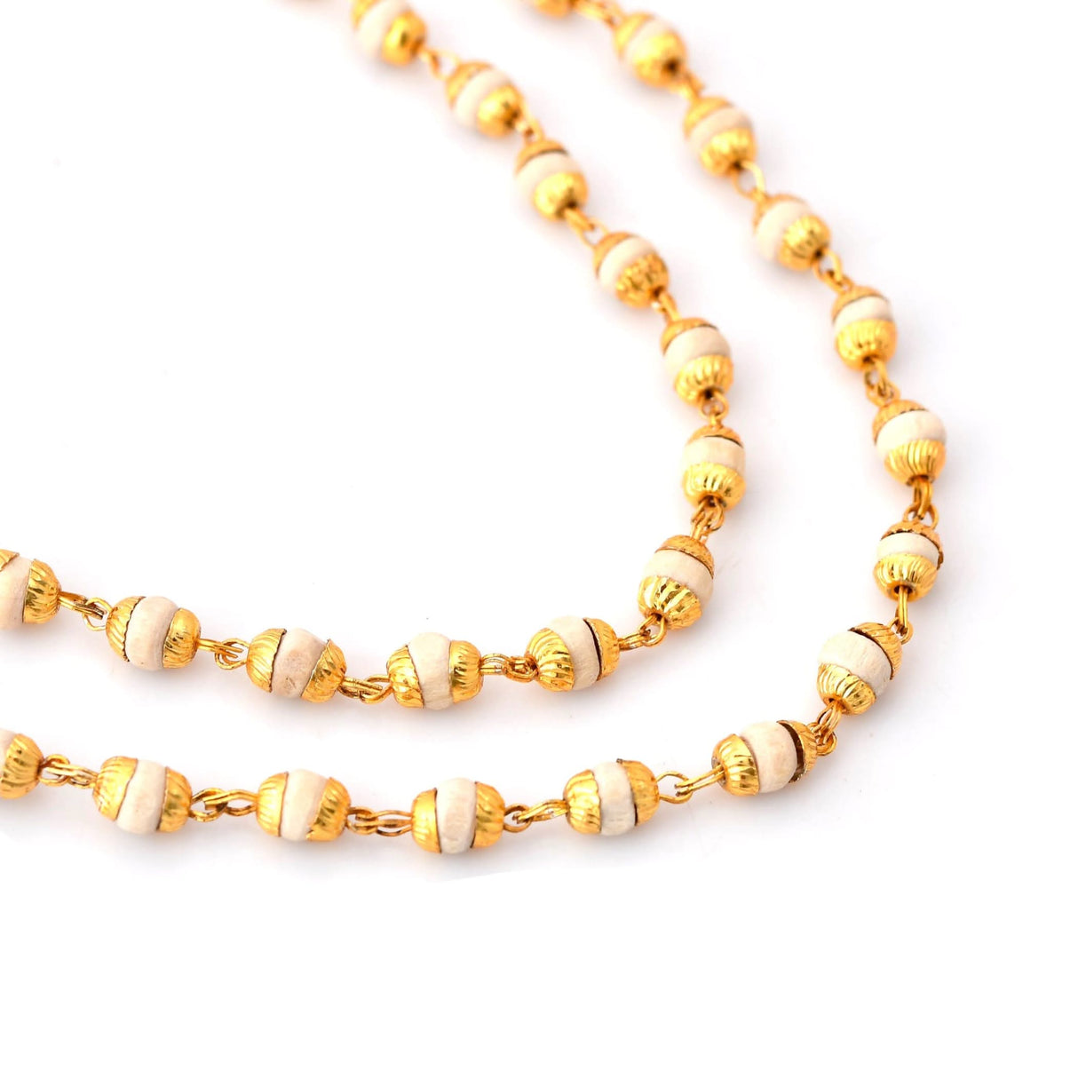 Gold and ivory beaded Tulsi Mala Necklace with gold caps for Pooja and meditation