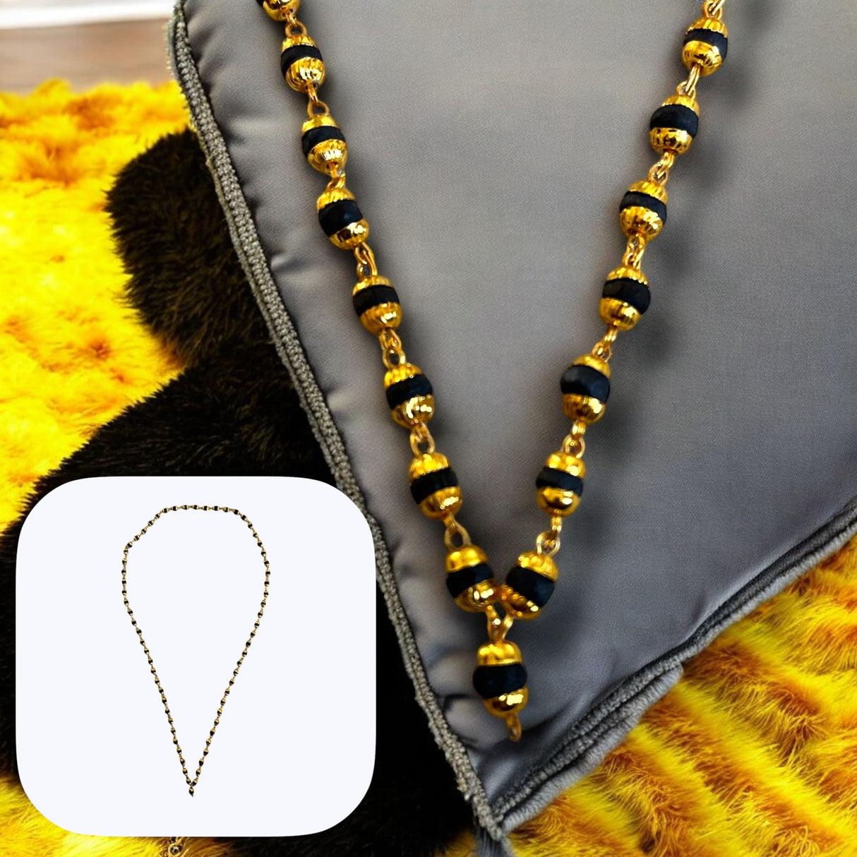 Gold and black beaded Tulsi Mala necklace with gold caps for meditation and prayer