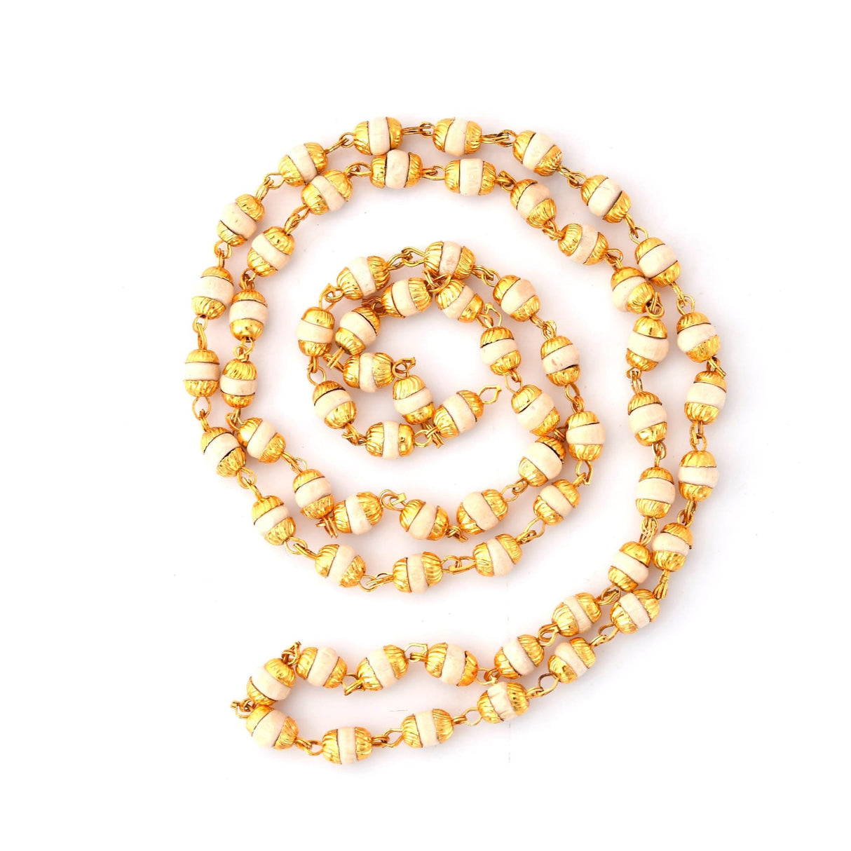 Gold and white beaded Tulsi Mala Necklace for Pooja Meditation and Prayer