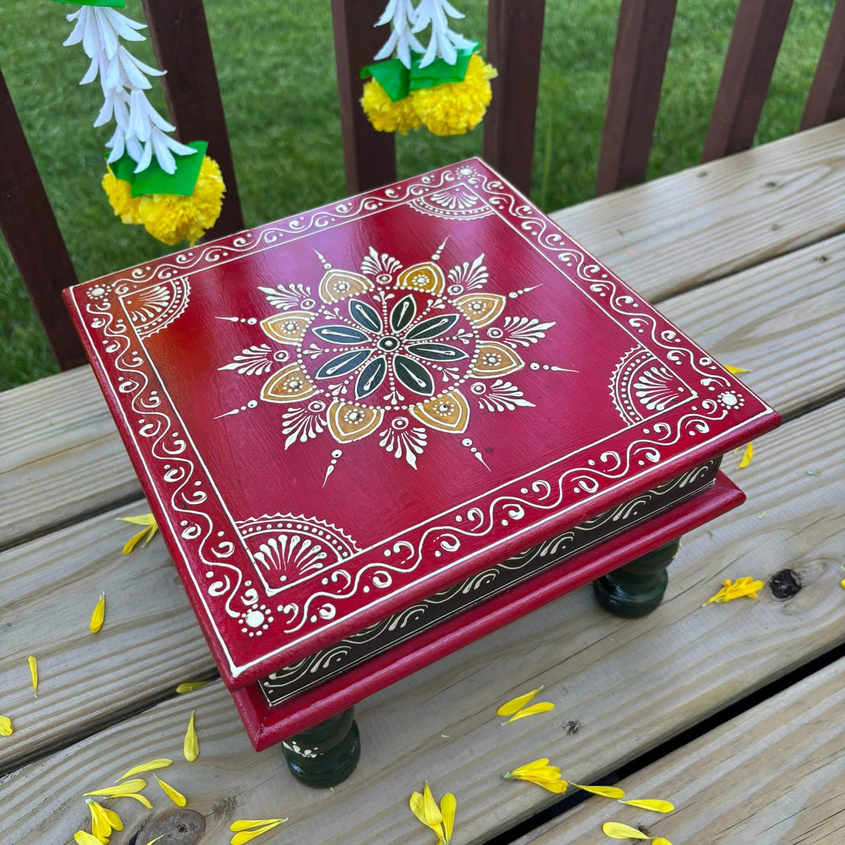 Chowki for Pooja Handcrafted Floral Printed Multicolor Traditional Chowki Wooden Bajot Festive Decor for God Idols Home Temple Mandir - Diwali Housewarming Gift - LoveNspire