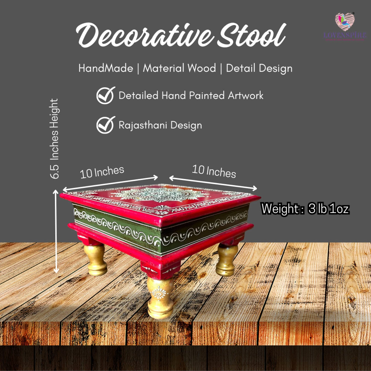 Chowki for Pooja Handcrafted Floral Printed Multicolor Traditional Chowki Wooden Bajot Festive Decor for God Idols Home Temple Mandir - Diwali Housewarming Gift - LoveNspire