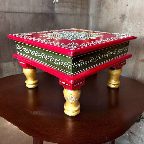 Chowki for Pooja Handcrafted Floral Printed Multicolor Traditional Chowki Wooden Bajot Festive Decor for God Idols Home Temple Mandir - Diwali Housewarming Gift - LoveNspire