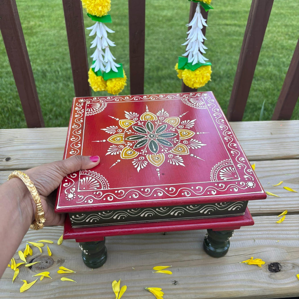 Chowki for Pooja Handcrafted Floral Printed Multicolor Traditional Chowki Wooden Bajot Festive Decor for God Idols Home Temple Mandir - Diwali Housewarming Gift - LoveNspire