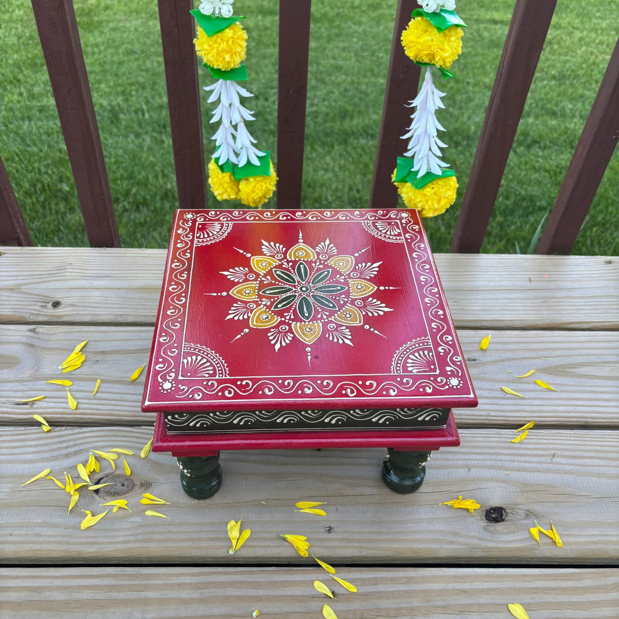 Chowki for Pooja Handcrafted Floral Printed Multicolor Traditional Chowki Wooden Bajot Festive Decor for God Idols Home Temple Mandir - Diwali Housewarming Gift - LoveNspire