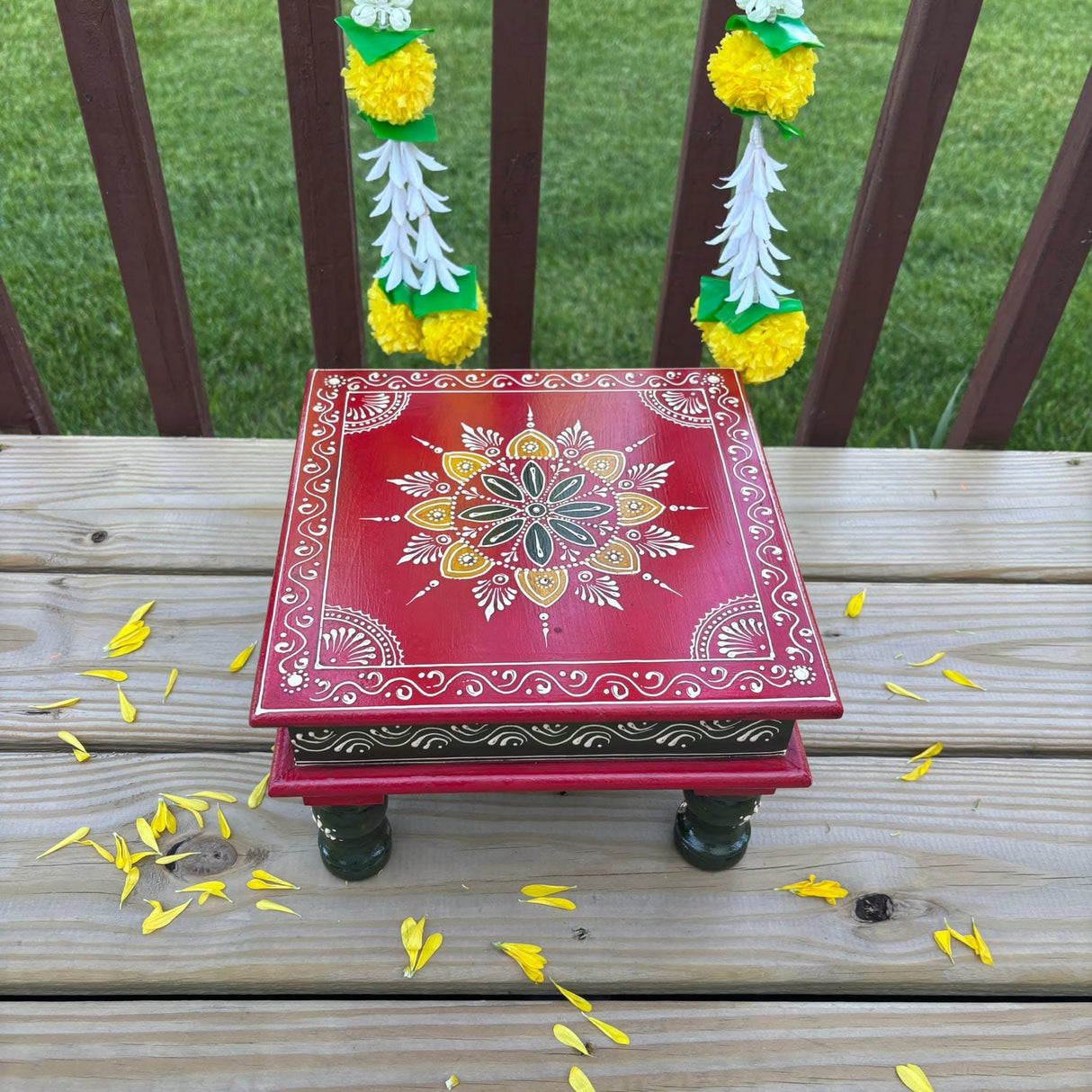 Chowki for Pooja Handcrafted Floral Printed Multicolor Traditional Chowki Wooden Bajot Festive Decor for God Idols Home Temple Mandir - Diwali Housewarming Gift - LoveNspire