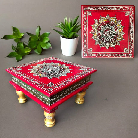 Chowki for Pooja Handcrafted Floral Printed Multicolor Traditional Chowki Wooden Bajot Festive Decor for God Idols Home Temple Mandir - Diwali Housewarming Gift - LoveNspire