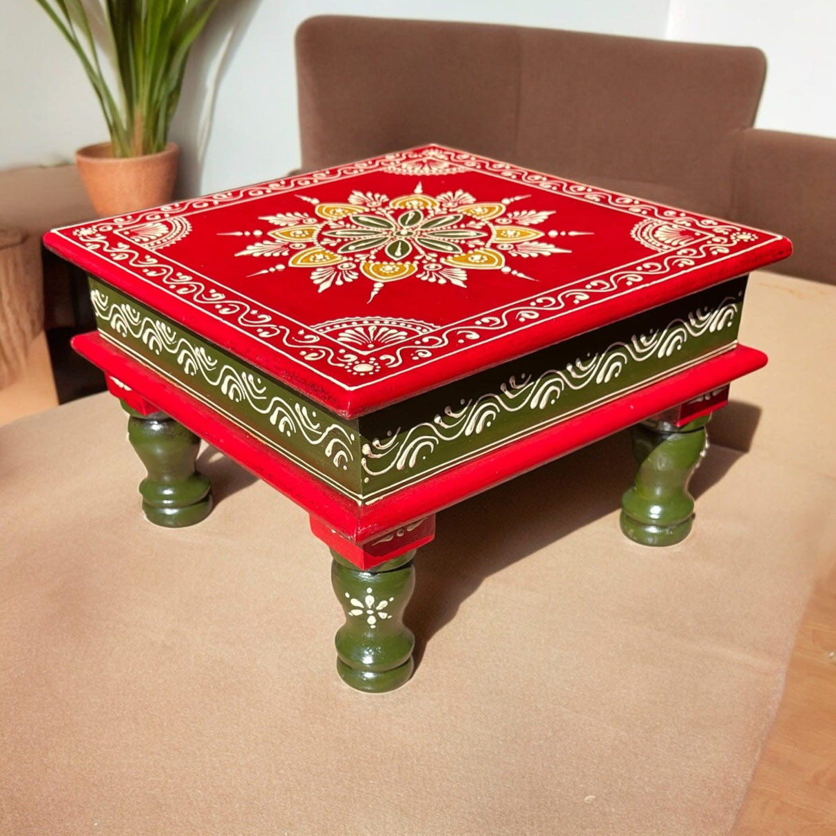 Chowki for Pooja Handcrafted Floral Printed Multicolor Traditional Chowki Wooden Bajot Festive Decor for God Idols Home Temple Mandir - Diwali Housewarming Gift - LoveNspire