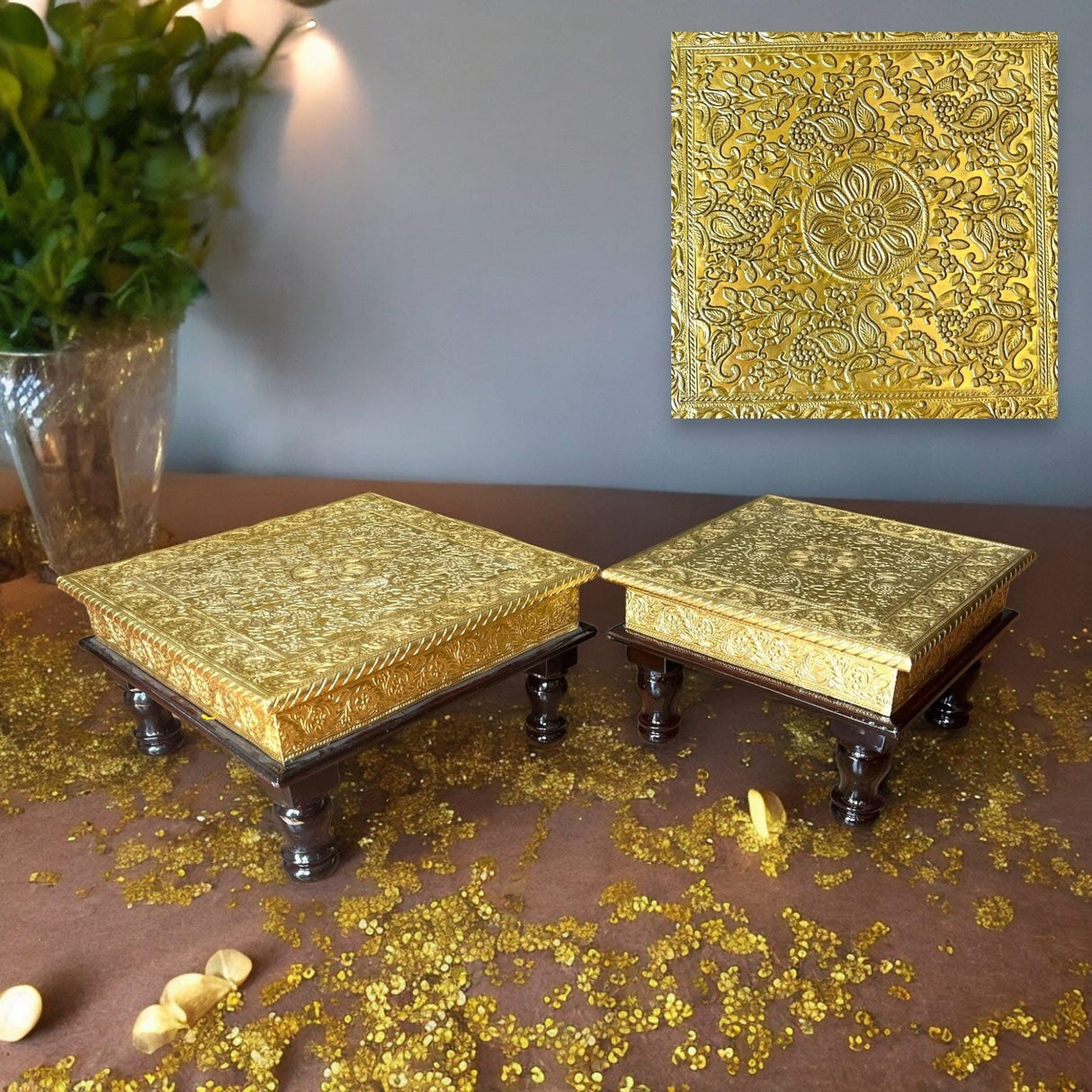 Chowki for Pooja Handcrafted Traditional Chowki Gold Plated Wooden Bajot Festive Decor for God Idols Home Temple Mandir - Diwali Housewarming Gift - LoveNspire