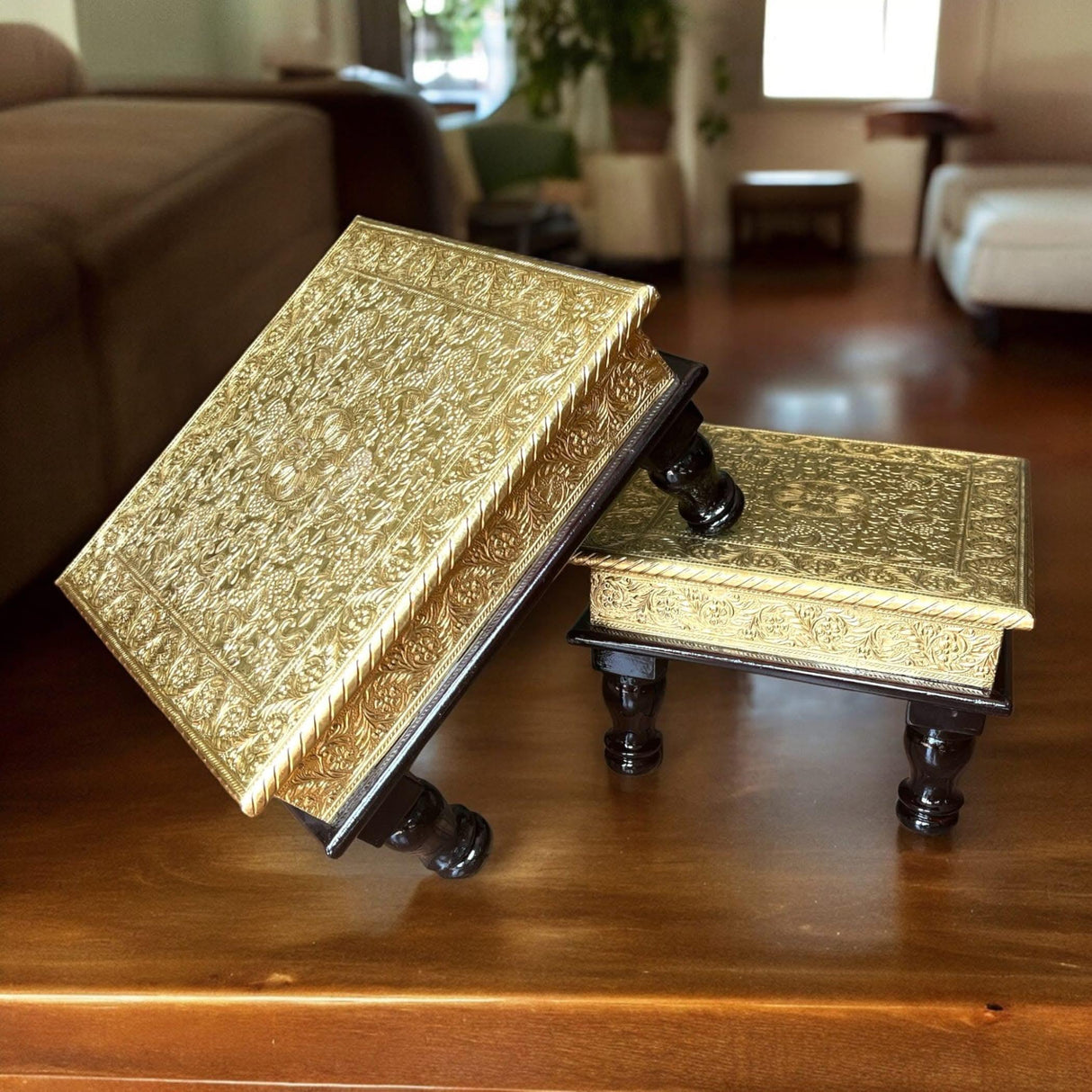 Chowki for Pooja Handcrafted Traditional Chowki Gold Plated Wooden Bajot Festive Decor for God Idols Home Temple Mandir - Diwali Housewarming Gift - LoveNspire