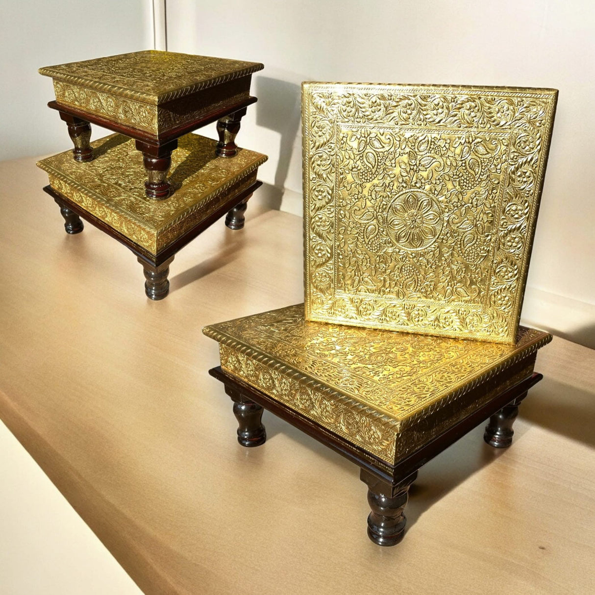 Chowki for Pooja Handcrafted Traditional Chowki Gold Plated Wooden Bajot Festive Decor for God Idols Home Temple Mandir - Diwali Housewarming Gift - LoveNspire