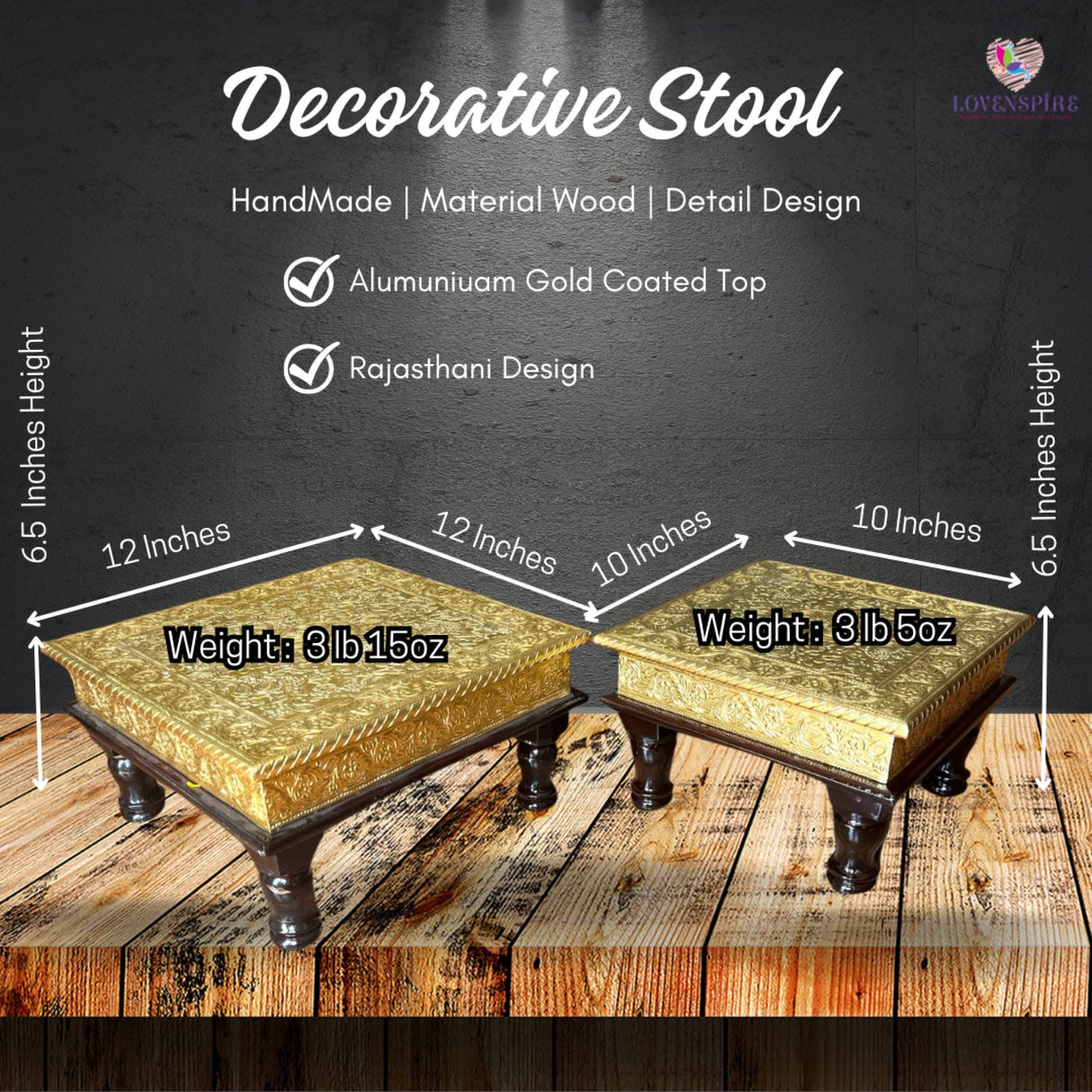 Chowki for Pooja Handcrafted Traditional Chowki Gold Plated Wooden Bajot Festive Decor for God Idols Home Temple Mandir - Diwali Housewarming Gift - LoveNspire