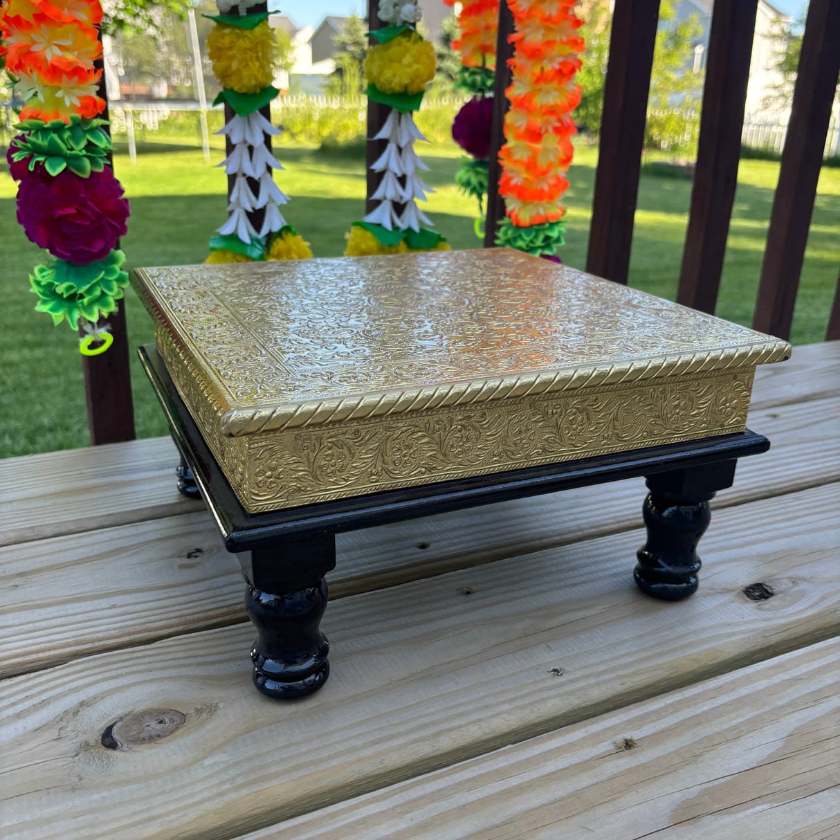 Chowki for Pooja Handcrafted Traditional Chowki Gold Plated Wooden Bajot Festive Decor for God Idols Home Temple Mandir - Diwali Housewarming Gift - LoveNspire