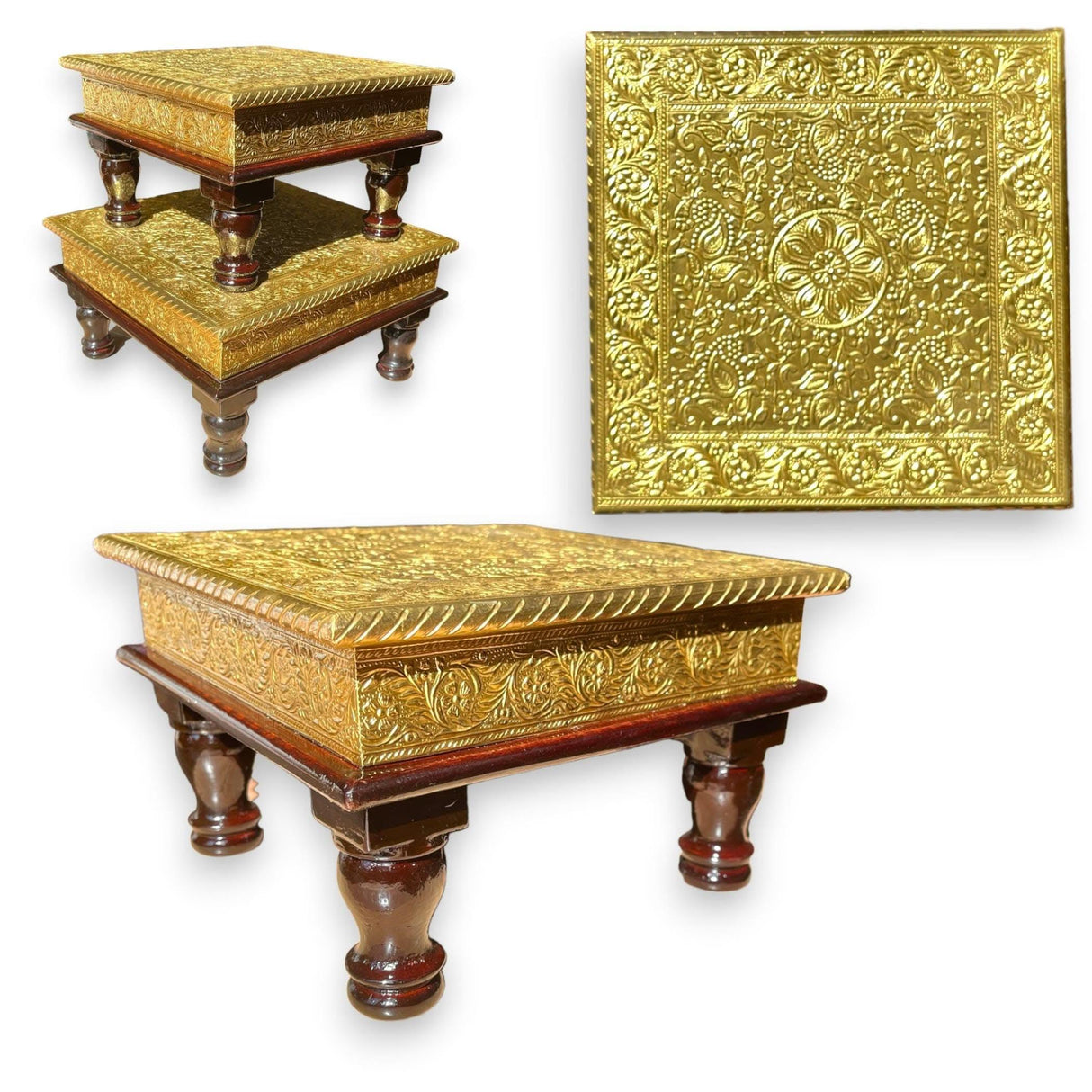 Chowki for Pooja Handcrafted Traditional Chowki Gold Plated Wooden Bajot Festive Decor for God Idols Home Temple Mandir - Diwali Housewarming Gift - LoveNspire