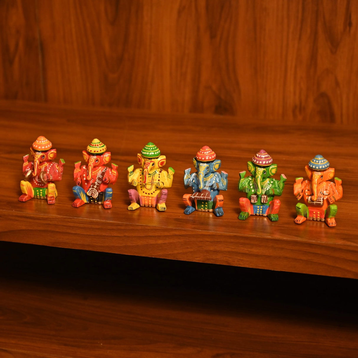 Set of 6 Wooden Musician Ganesha Design Statue Hand Painted Lord Ganesh Sculpture with Musical Instrument Ganpati Figurine for Gift Hindu God Idol Murti for Good Luck & Success (3 Inches) - LoveNspire