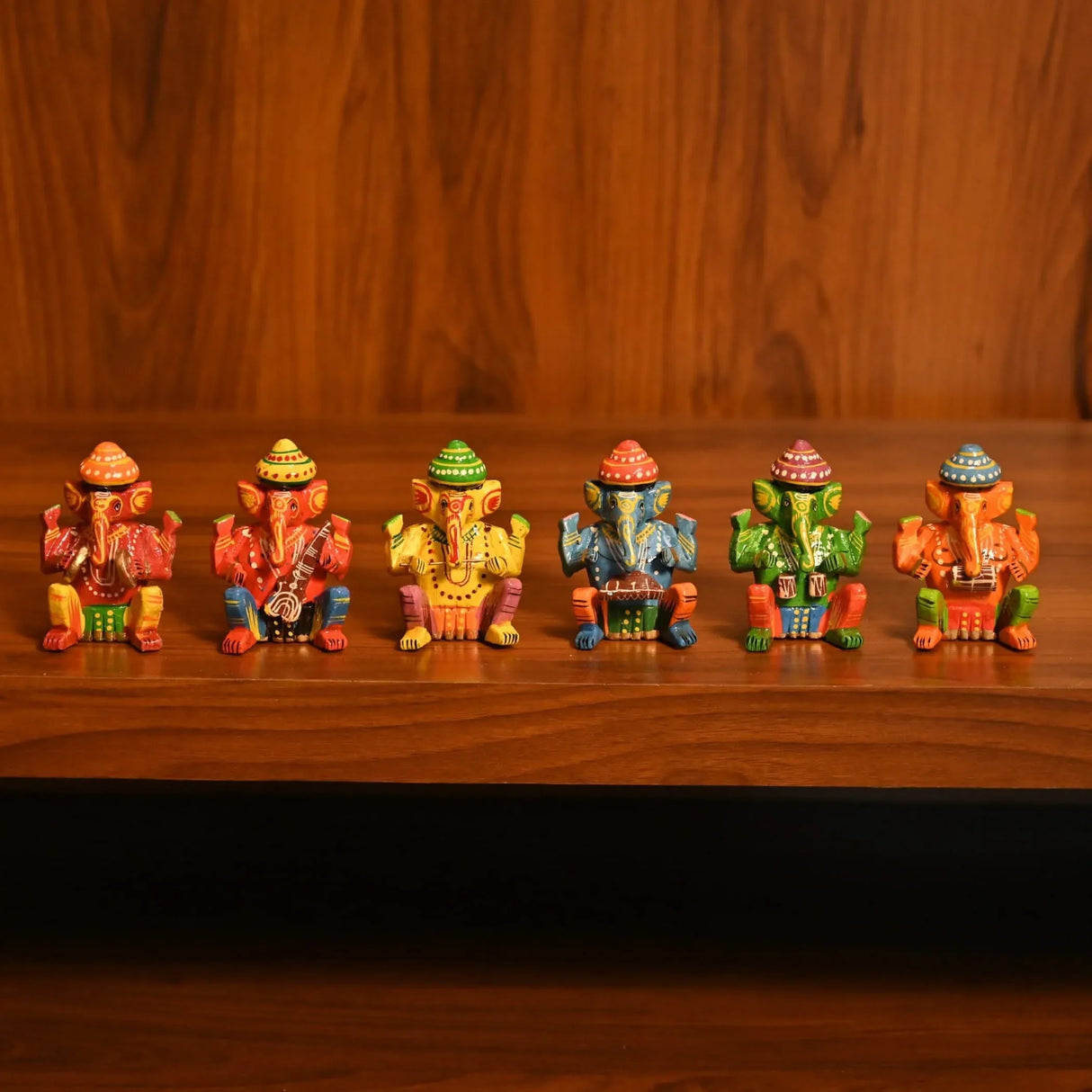 Set of 6 Wooden Musician Ganesha Design Statue Hand Painted Lord Ganesh Sculpture with Musical Instrument Ganpati Figurine for Gift Hindu God Idol Murti for Good Luck & Success (3 Inches) - LoveNspire