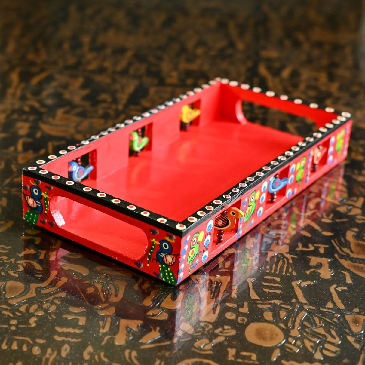 Wooden Serving Tray Hand Painted Tray Indian Decorative Platters for Snack Tea Kitchen Home Restaurant Dinning Table Decor - Breakfast Tray with Handles Great Gift Idea - LoveNspire