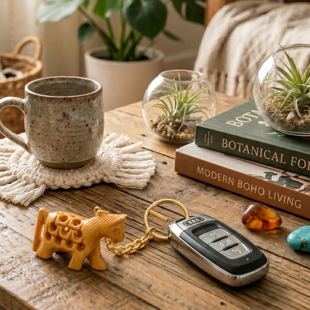 Gold-colored wooden horse keychain with intricate carvings attached to a car key fob from 4pc thanksgiving set