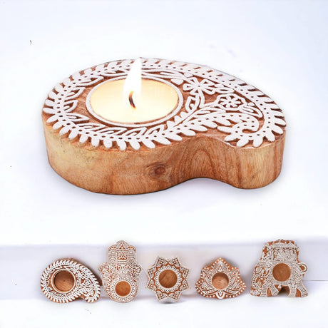 Wooden Block Print Tea Light Candle Holders for Diwali Handmade Tlight for Deepawali Decoration Items Designer Diya Deepam for Goddess Worship Housewarming Gifts (hamsa/paisley/star/lotus) - LoveNspire