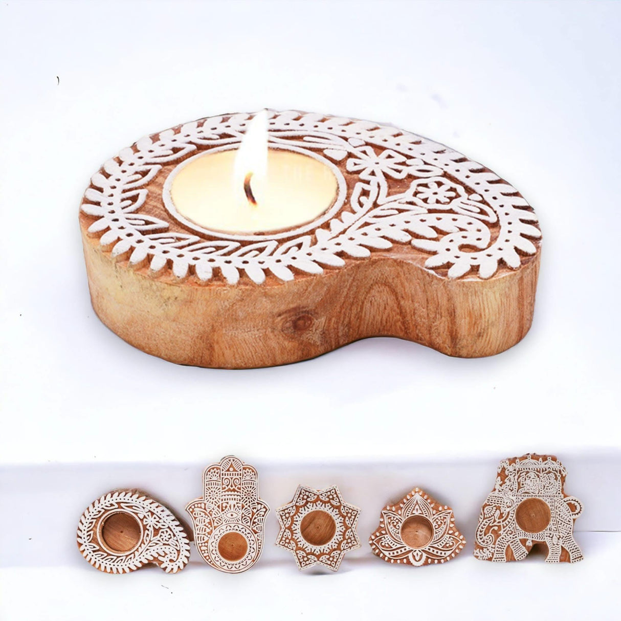 Wooden Block Print Tea Light Candle Holders for Diwali Handmade Tlight for Deepawali Decoration Items Designer Diya Deepam for Goddess Worship Housewarming Gifts - LoveNspire