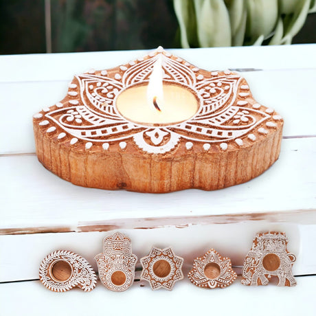 Wooden Block Print Tea Light Candle Holders for Diwali Handmade Tlight for Deepawali Decoration Items Designer Diya Deepam for Goddess Worship Housewarming Gifts (hamsa/paisley/star/lotus) - LoveNspire