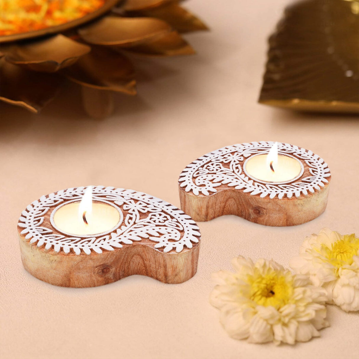 Wooden Block Print Tea Light Candle Holders for Diwali Handmade Tlight for Deepawali Decoration Items Designer Diya Deepam for Goddess Worship Housewarming Gifts (hamsa/paisley/star/lotus) - LoveNspire