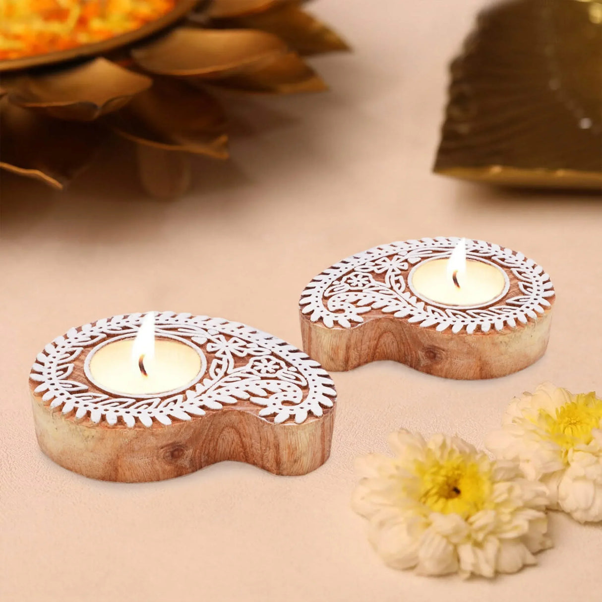 Wooden Block Print Tea Light Candle Holders for Diwali Handmade Tlight for Deepawali Decoration Items Designer Diya Deepam for Goddess Worship Housewarming Gifts - LoveNspire