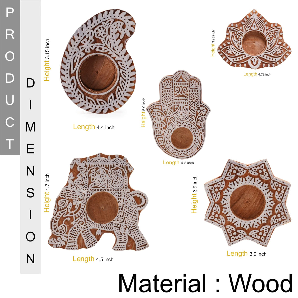 Wooden Block Print Tea Light Candle Holders for Diwali Handmade Tlight for Deepawali Decoration Items Designer Diya Deepam for Goddess Worship Housewarming Gifts (hamsa/paisley/star/lotus) - LoveNspire