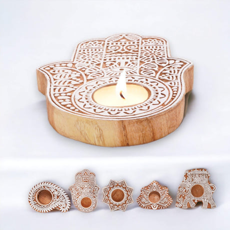 Wooden Block Print Tea Light Candle Holders for Diwali Handmade Tlight for Deepawali Decoration Items Designer Diya Deepam for Goddess Worship Housewarming Gifts (hamsa/paisley/star/lotus) - LoveNspire