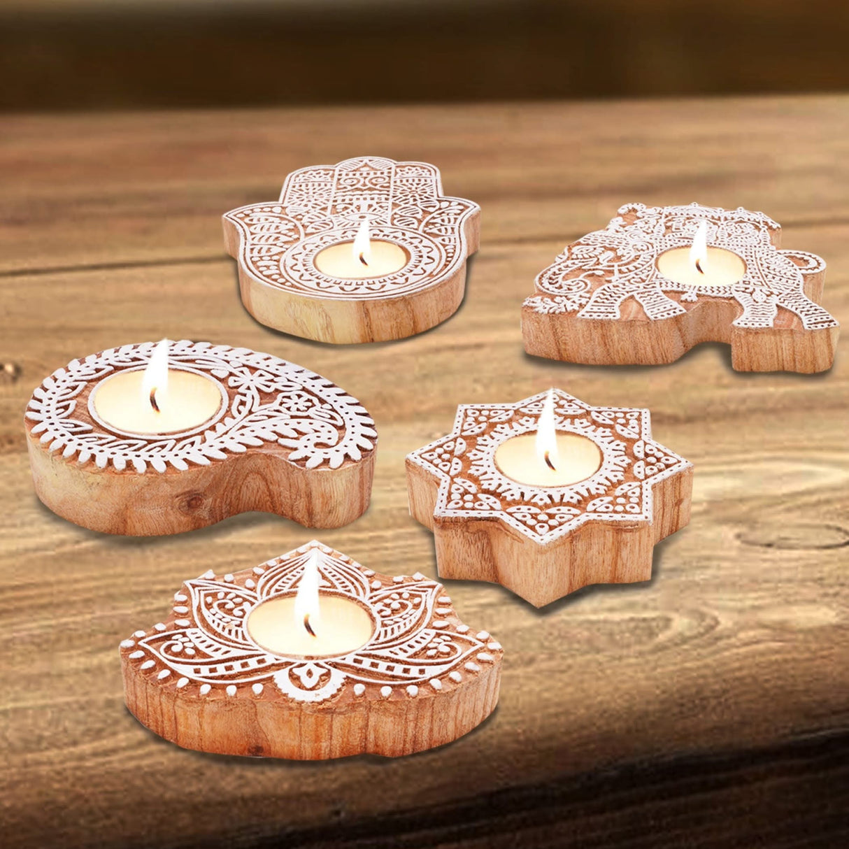 Wooden Block Print Tea Light Candle Holders for Diwali Handmade Tlight for Deepawali Decoration Items Designer Diya Deepam for Goddess Worship Housewarming Gifts (hamsa/paisley/star/lotus) - LoveNspire