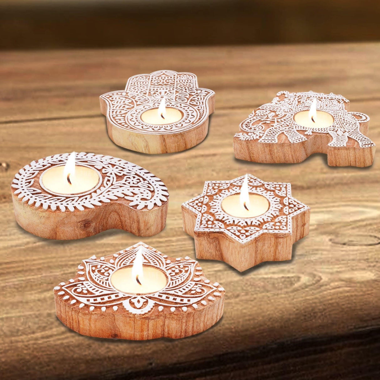 Wooden Block Print Tea Light Candle Holders for Diwali Handmade Tlight for Deepawali Decoration Items Designer Diya Deepam for Goddess Worship Housewarming Gifts - LoveNspire