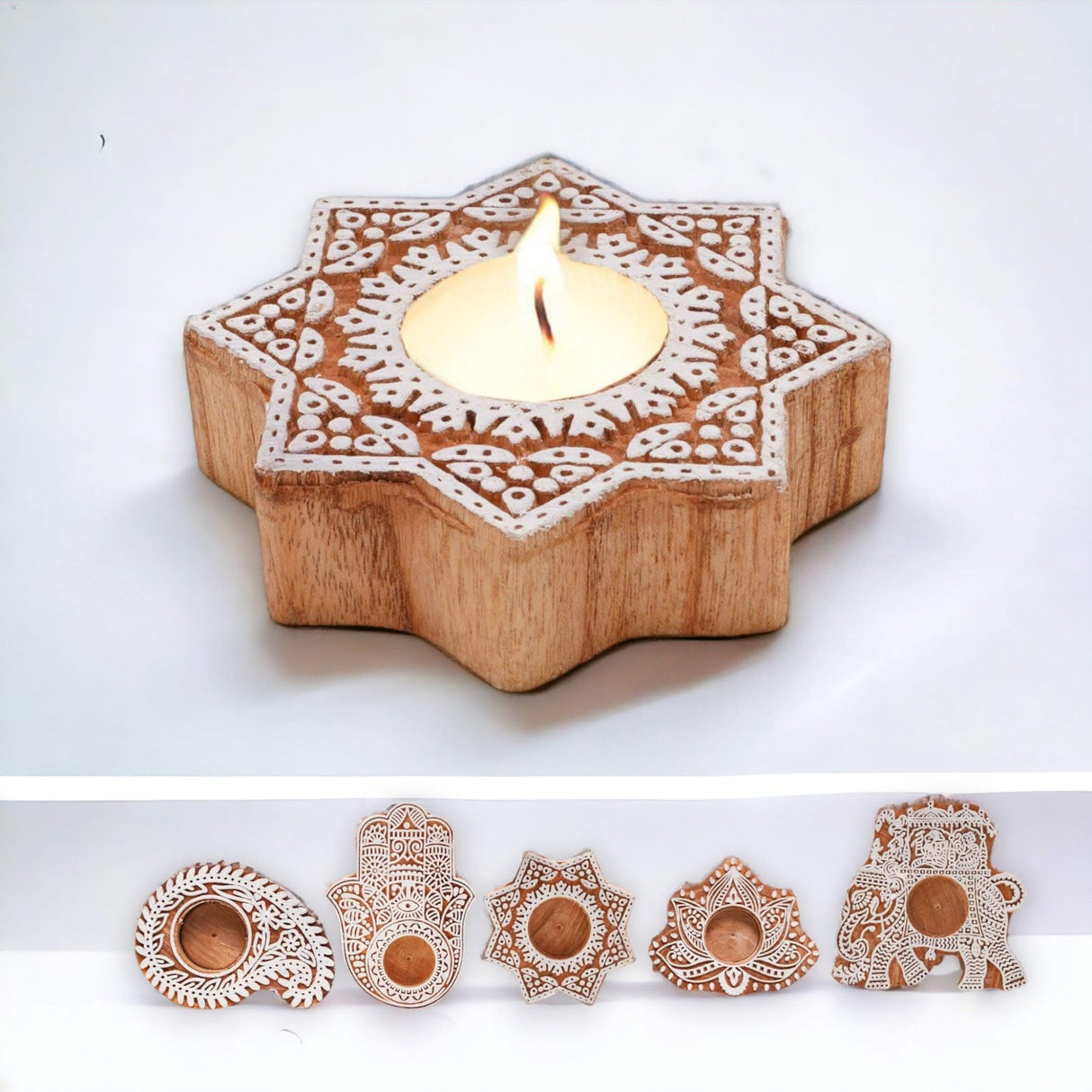 Wooden Block Print Tea Light Candle Holders for Diwali Handmade Tlight for Deepawali Decoration Items Designer Diya Deepam for Goddess Worship Housewarming Gifts (hamsa/paisley/star/lotus) - LoveNspire