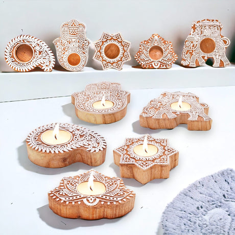 Wooden Block Print Tea Light Candle Holders for Diwali Handmade Tlight for Deepawali Decoration Items Designer Diya Deepam for Goddess Worship Housewarming Gifts (hamsa/paisley/star/lotus) - LoveNspire
