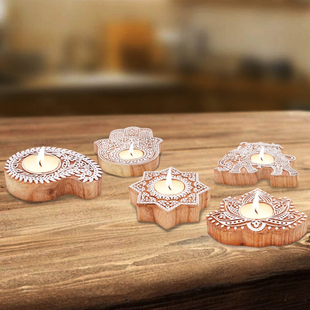 Wooden Block Print Tea Light Candle Holders for Diwali Handmade Tlight for Deepawali Decoration Items Designer Diya Deepam for Goddess Worship Housewarming Gifts (hamsa/paisley/star/lotus) - LoveNspire
