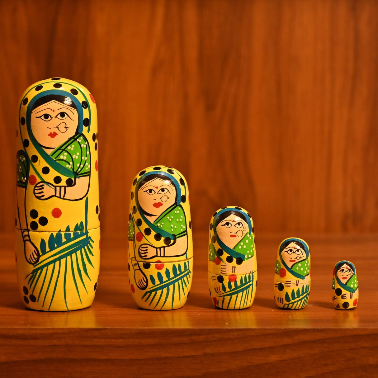 Painted Wooden Nesting Dolls from the Indian Kondapalli traditional art set for home decor