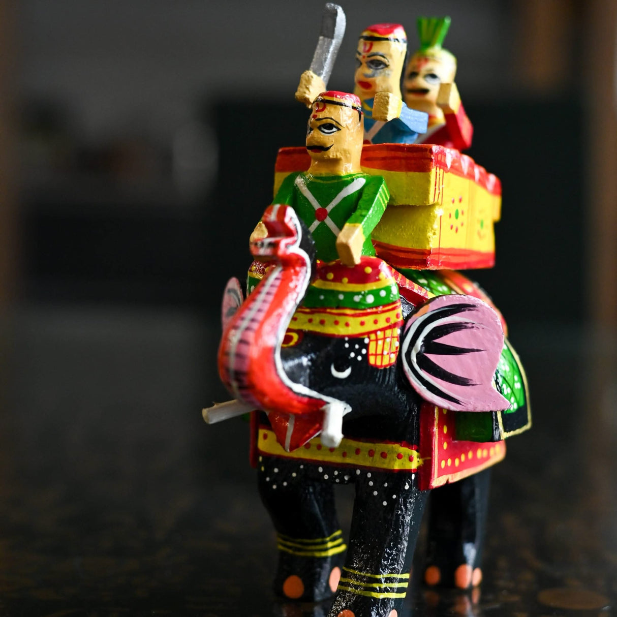 Hand-painted wooden Kondapalli Maharaja elephant figurine with riders for home decor