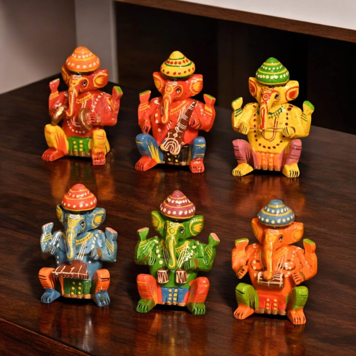 Set of 6 Wooden Musician Ganesha Design Statue Hand Painted Lord Ganesh Sculpture with Musical Instrument Ganpati Figurine for Gift Hindu God Idol Murti for Good Luck & Success (3 Inches) - LoveNspire