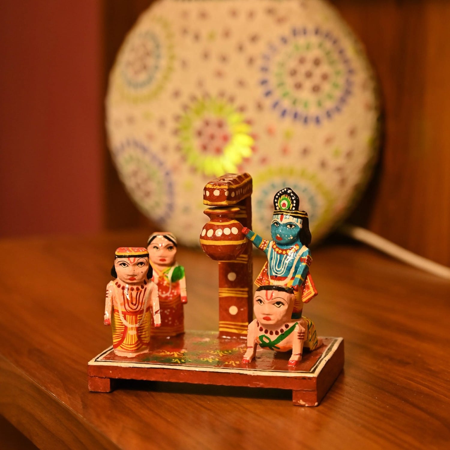 Wooden Krishna Makhan Chor Leela for Janmashtmi Golu Decoration Handpainted Kondapalli Krishna Set Show-piece for Home Temple Shelf Display Table Decor Gifting Item - LoveNspire