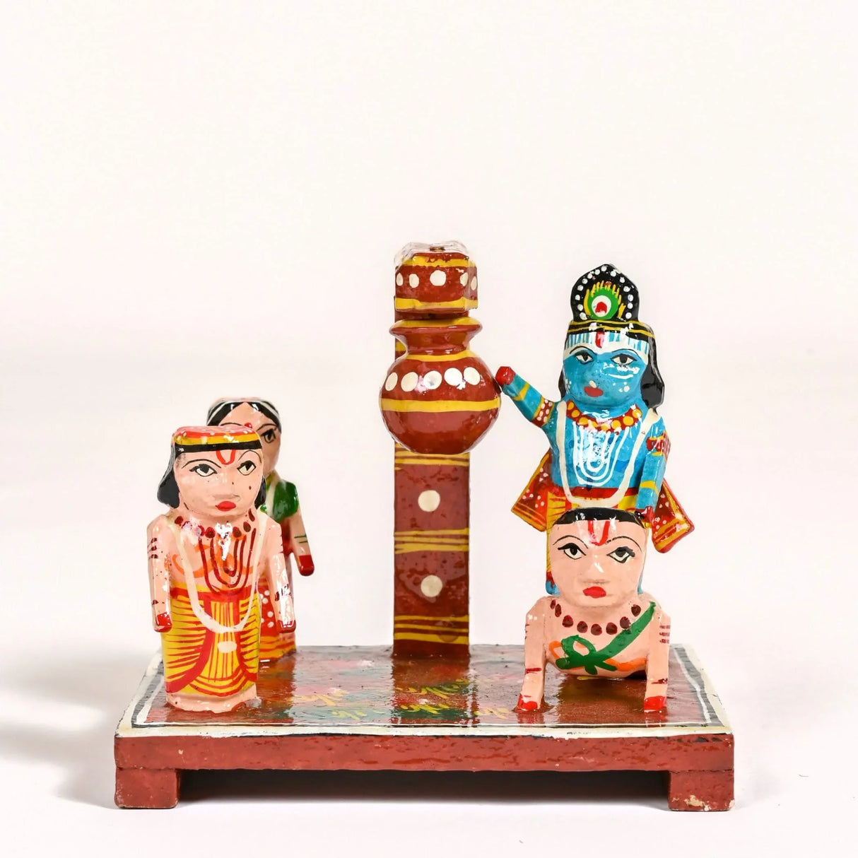 Wooden Krishna Makhan Chor Leela for Janmashtmi Golu Decoration Handpainted Kondapalli Krishna Set Show-piece for Home Temple Shelf Display Table Decor Gifting Item - LoveNspire