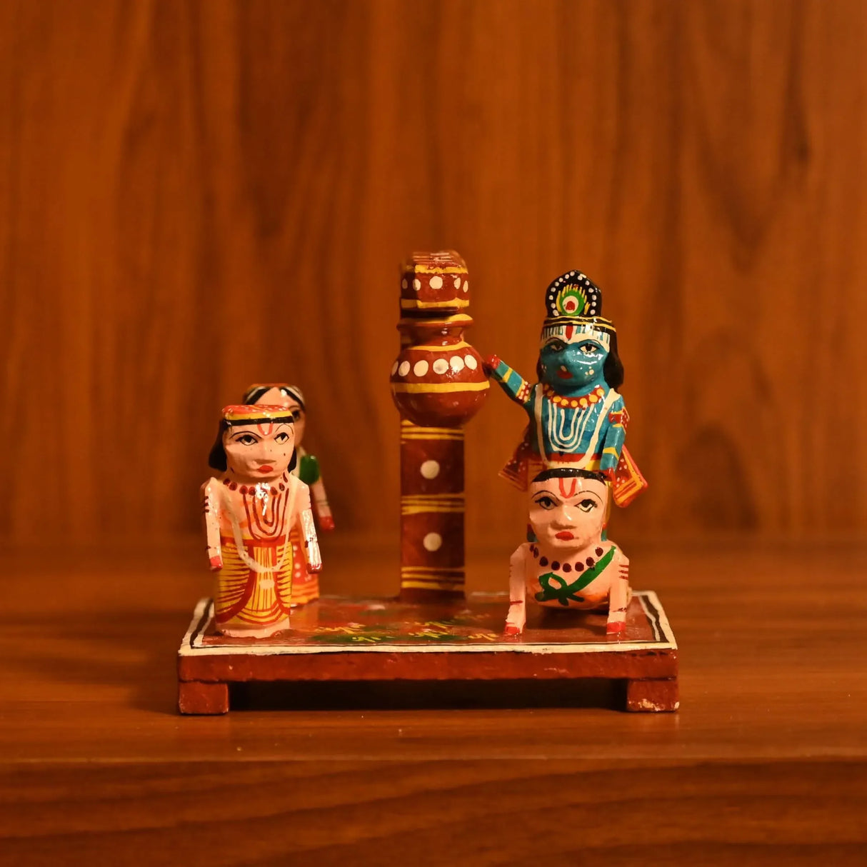 Wooden Krishna Makhan Chor Leela for Janmashtmi Golu Decoration Handpainted Kondapalli Krishna Set Show-piece for Home Temple Shelf Display Table Decor Gifting Item - LoveNspire