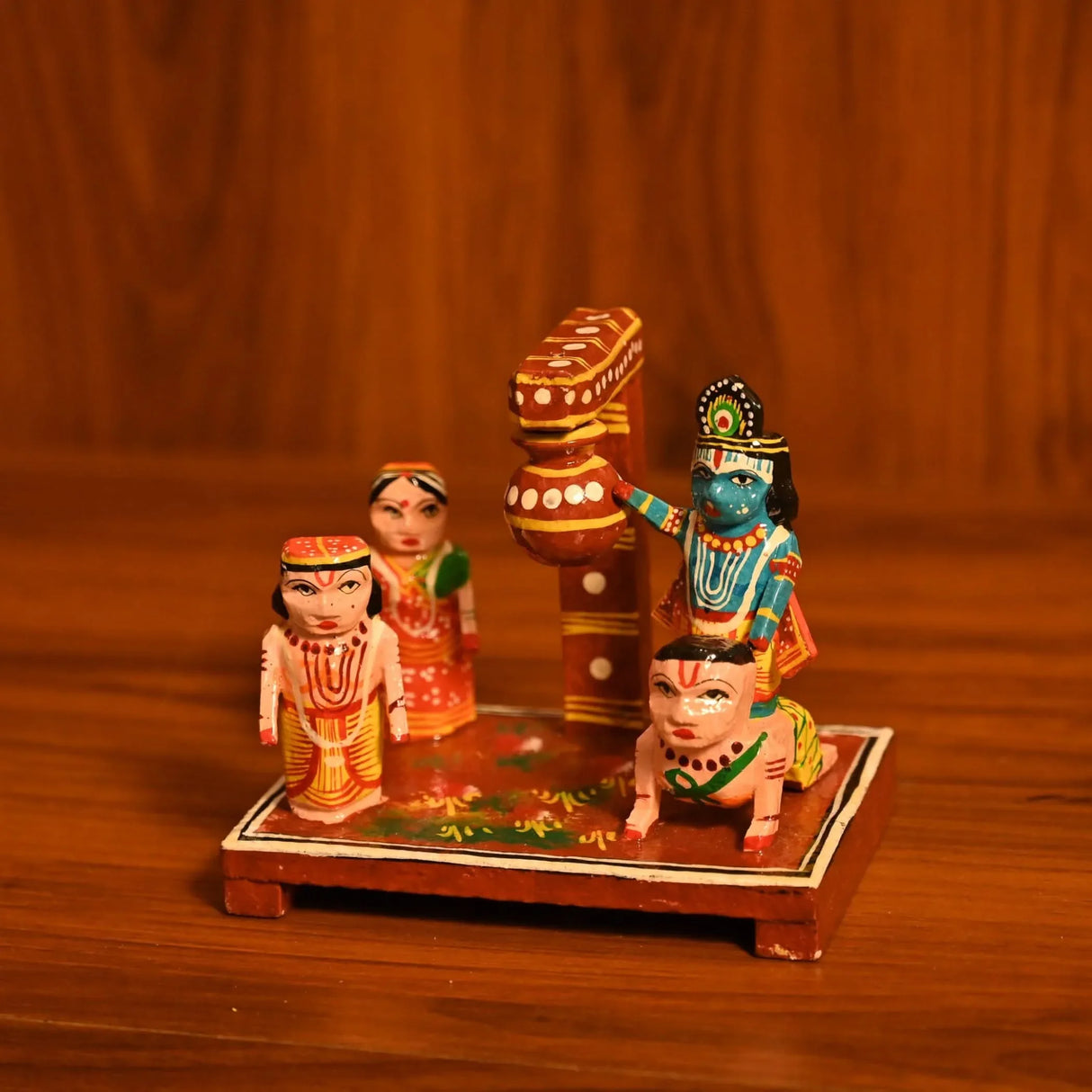 Wooden Krishna Makhan Chor Leela for Janmashtmi Golu Decoration Handpainted Kondapalli Krishna Set Show-piece for Home Temple Shelf Display Table Decor Gifting Item - LoveNspire