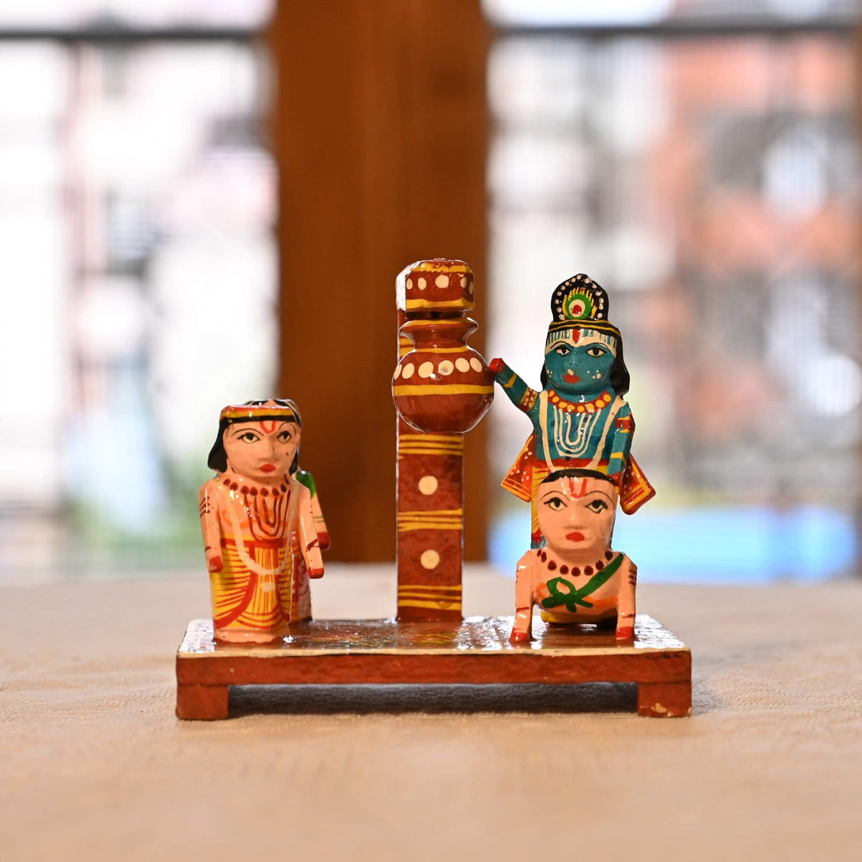 Wooden Krishna Makhan Chor Leela for Janmashtmi Golu Decoration Handpainted Kondapalli Krishna Set Show-piece for Home Temple Shelf Display Table Decor Gifting Item - LoveNspire